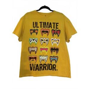 Vtg 2015 Ultimate Warrior WWE Multi-Mask Graphic T-Shirt - Yellow - Men's Large